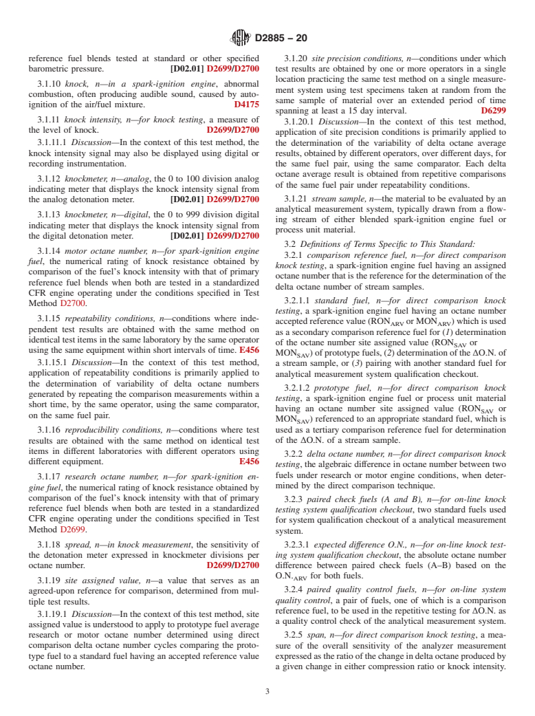 ASTM D2885-20 - Standard Test Method for  Determination of Octane Number of Spark-Ignition Engine Fuels  by On-Line Direct Comparison Technique