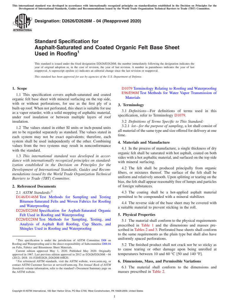 ASTM D2626/D2626M-04(2020) - Standard Specification for Asphalt-Saturated and Coated Organic Felt Base Sheet Used in  Roofing