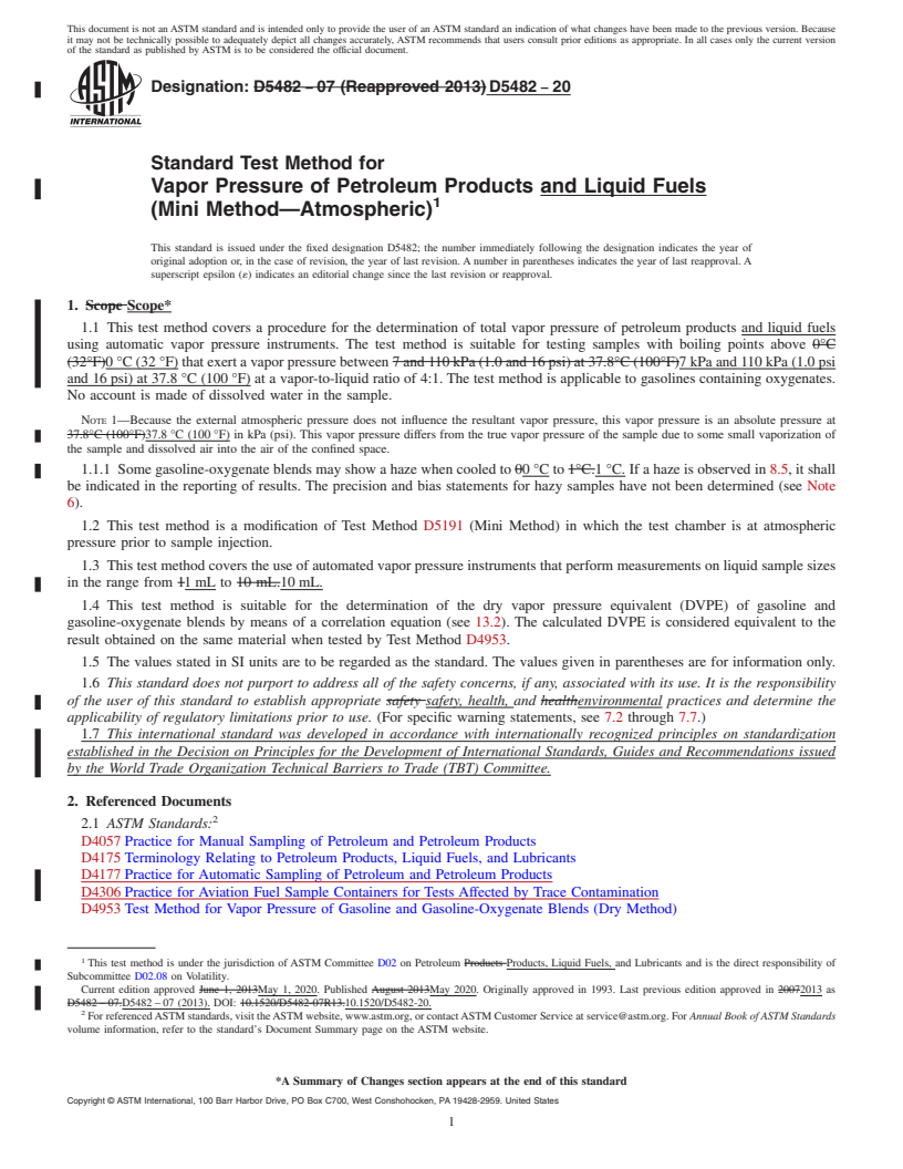 REDLINE ASTM D5482-20 - Standard Test Method for  Vapor Pressure of Petroleum Products and Liquid Fuels (Mini  Method&#x2014;Atmospheric)