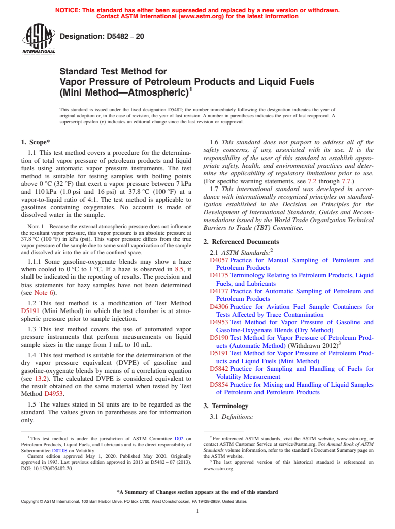 ASTM D5482-20 - Standard Test Method for  Vapor Pressure of Petroleum Products and Liquid Fuels (Mini  Method&#x2014;Atmospheric)
