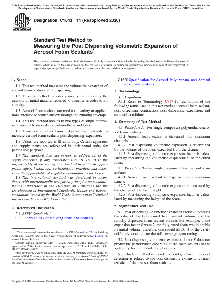 ASTM C1643-14(2020) - Standard Test Method to  Measuring the Post Dispensing Volumetric Expansion of Aerosol  Foam Sealants