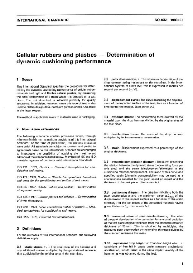 ISO 4651:1988 - Cellular rubbers and plastics -- Determination of dynamic cushioning performance