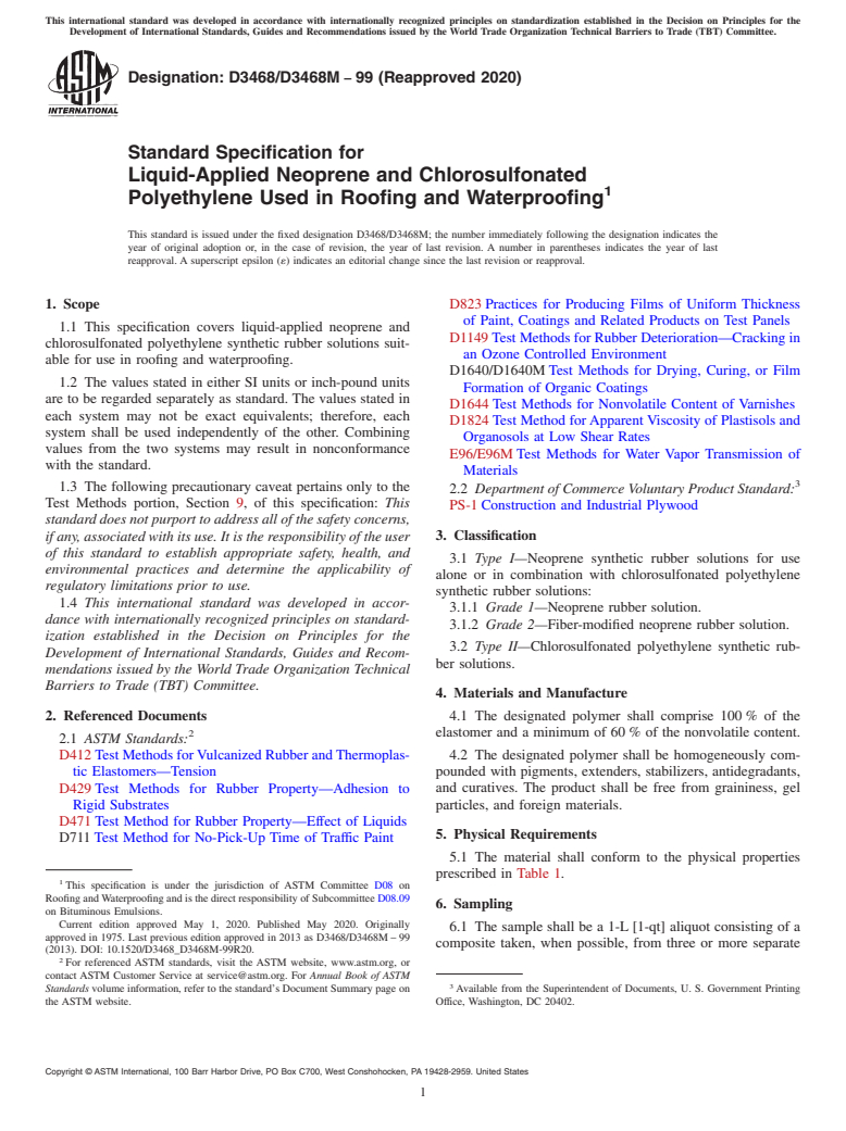 ASTM D3468/D3468M-99(2020) - Standard Specification for Liquid-Applied Neoprene and Chlorosulfonated Polyethylene Used   in Roofing and Waterproofing