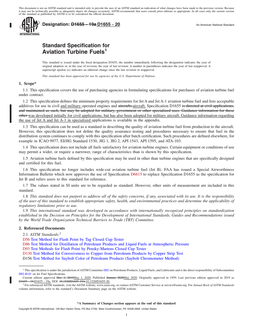 REDLINE ASTM D1655-20 - Standard Specification for Aviation Turbine Fuels