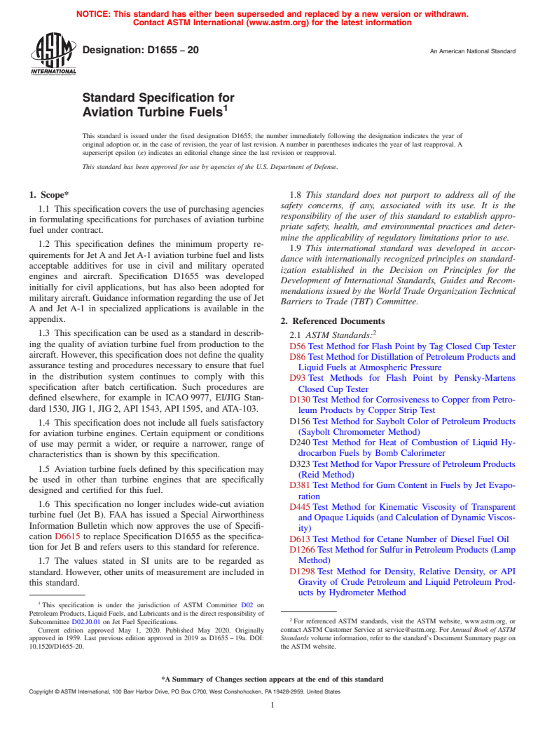 ASTM D1655-20 - Standard Specification for Aviation Turbine Fuels