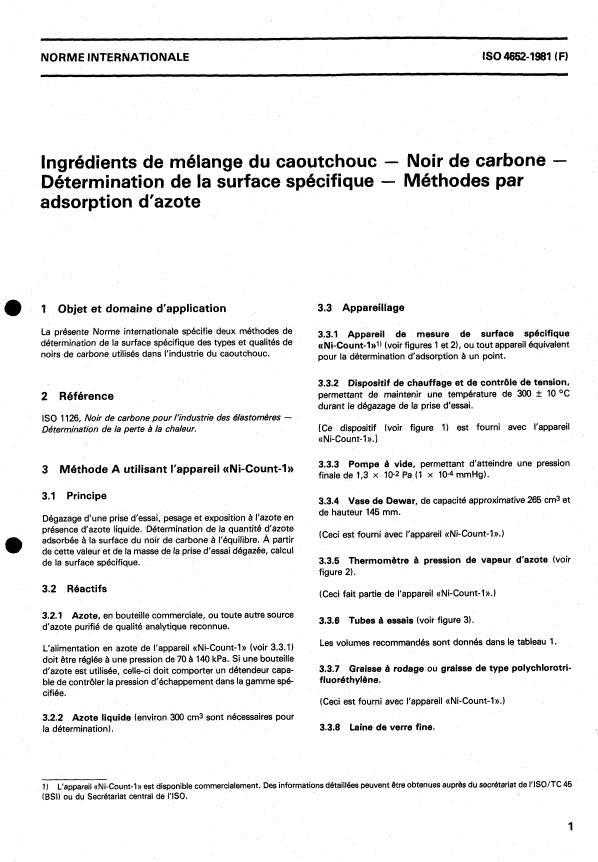 ISO 4652:1981 - Ingrédients de mélange du caoutchouc -- Noir de carbone -- Détermination de la surface spécifique -- Méthodes par adsorption d'azote