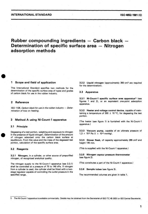ISO 4652:1981 - Rubber compounding ingredients -- Carbon black -- Determination of specific surface area -- Nitrogen adsorption methods