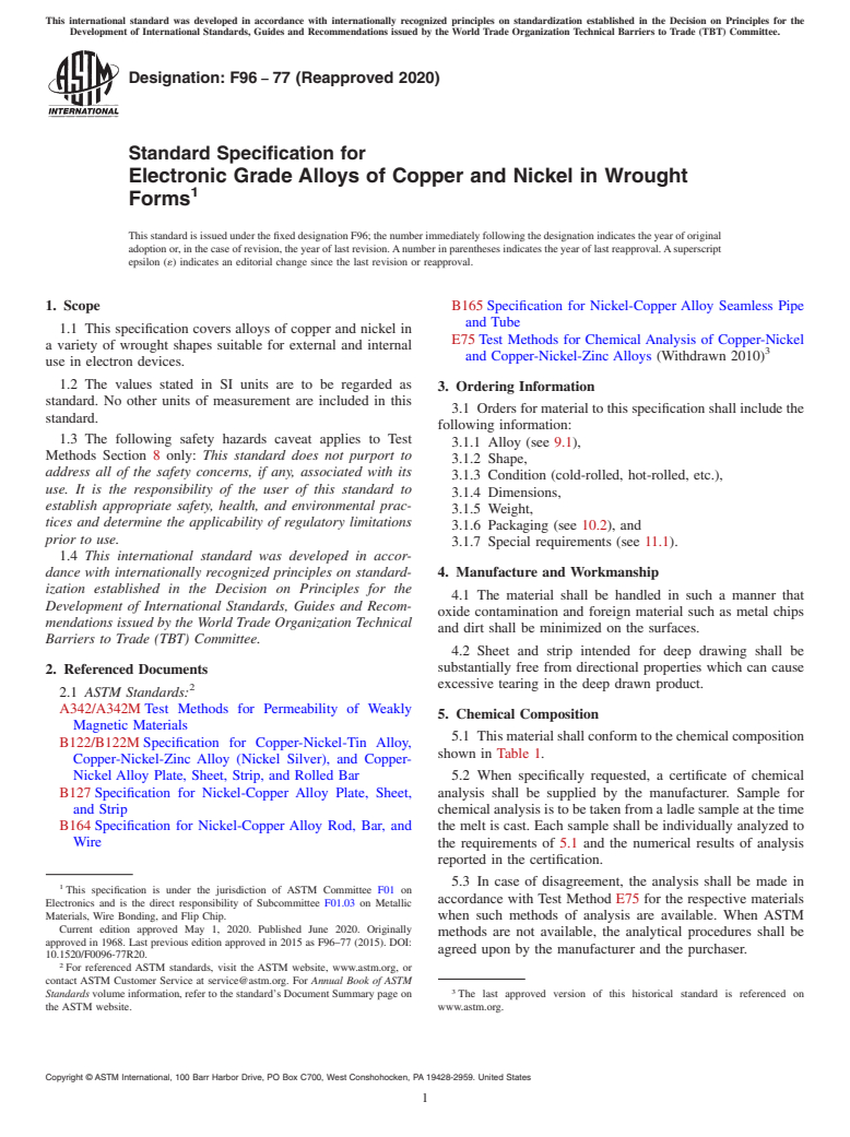 ASTM F96-77(2020) - Standard Specification for  Electronic Grade Alloys of Copper and Nickel in Wrought Forms