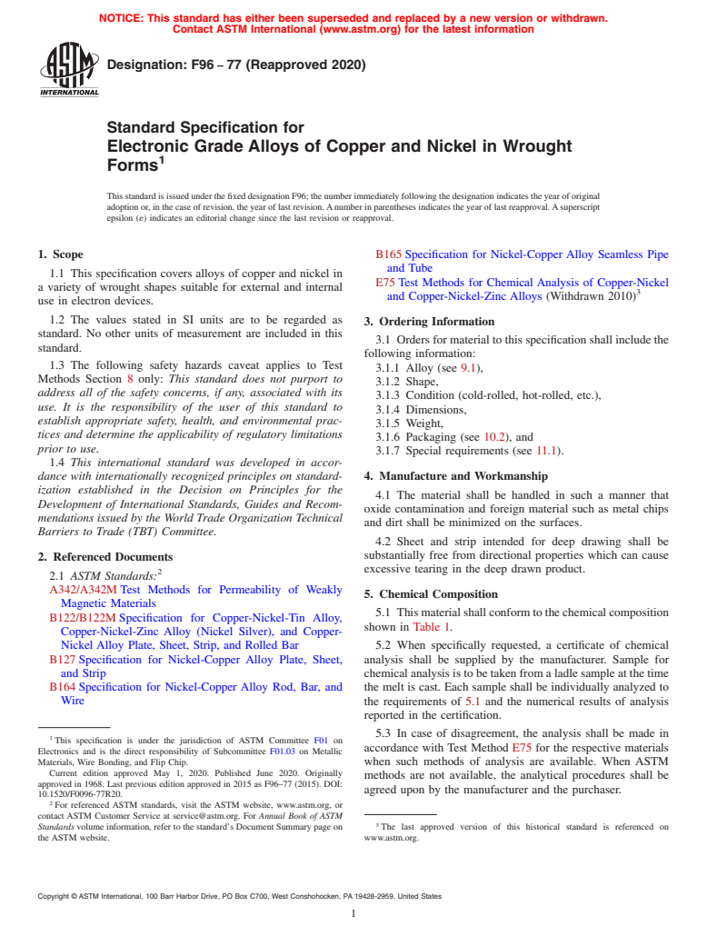 ASTM F96-77(2020) - Standard Specification for  Electronic Grade Alloys of Copper and Nickel in Wrought Forms (Withdrawn 2024)