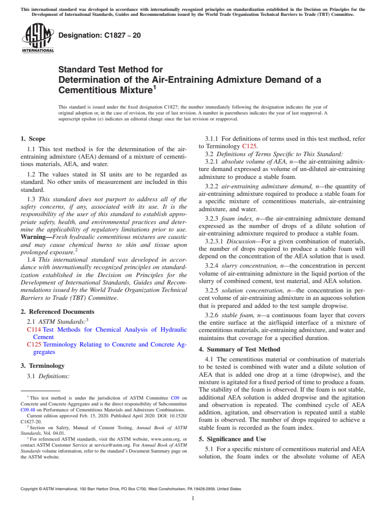 ASTM C1827-20 - Standard Test Method for Determination of the Air-Entraining Admixture Demand of a Cementitious  Mixture