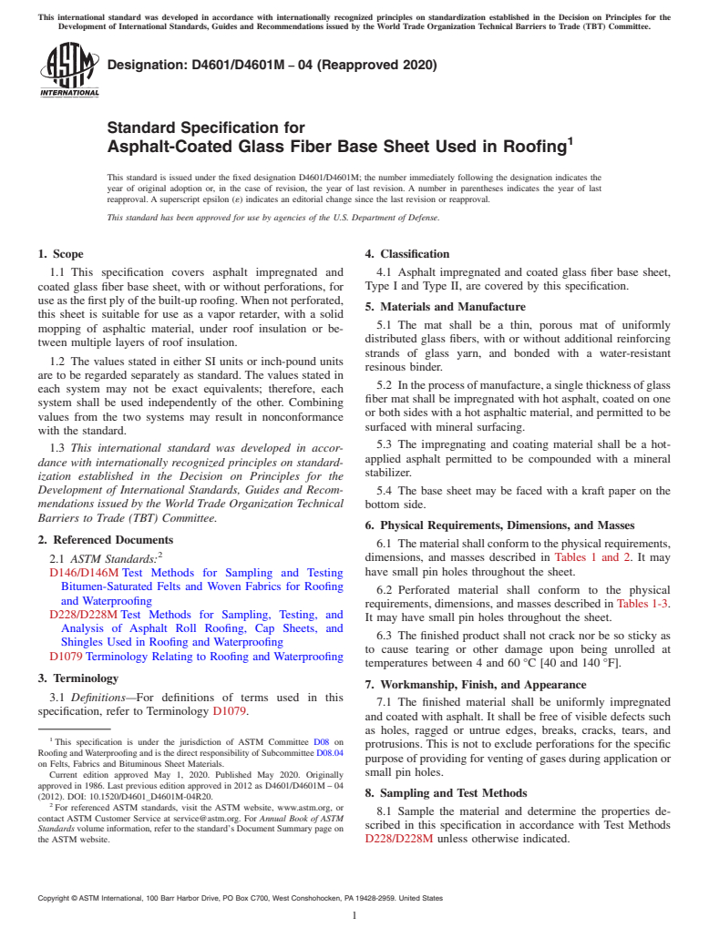 ASTM D4601/D4601M-04(2020) - Standard Specification for Asphalt-Coated Glass Fiber Base Sheet Used in Roofing