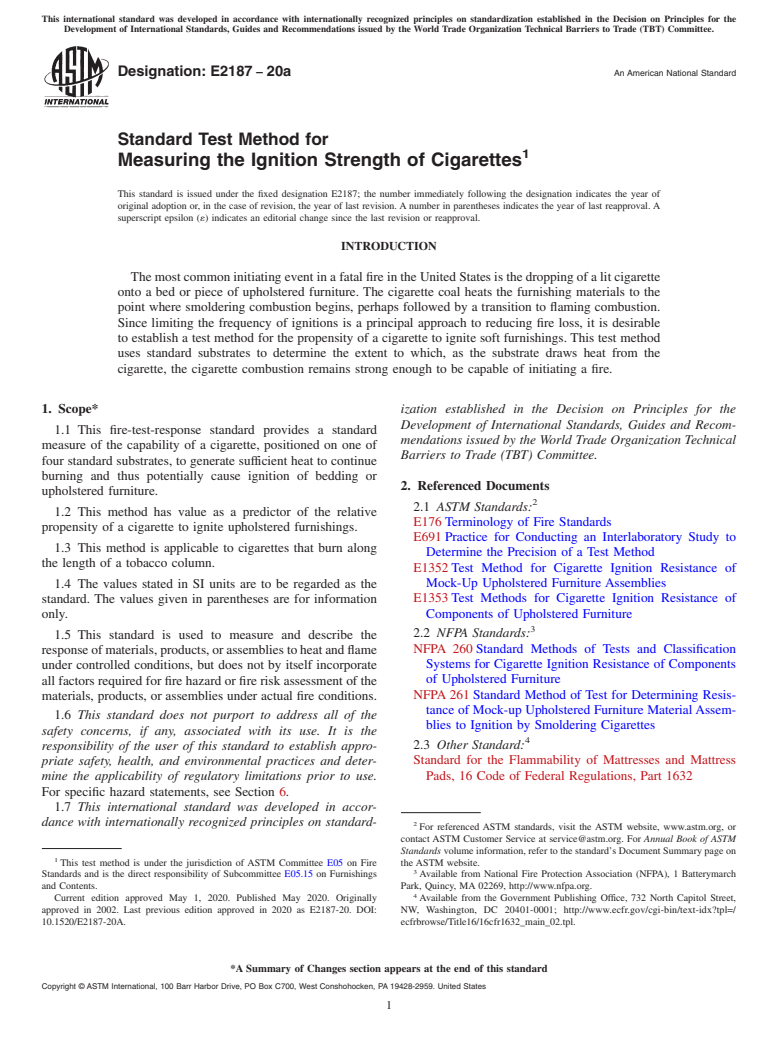 ASTM E2187-20a - Standard Test Method for  Measuring the Ignition Strength of Cigarettes