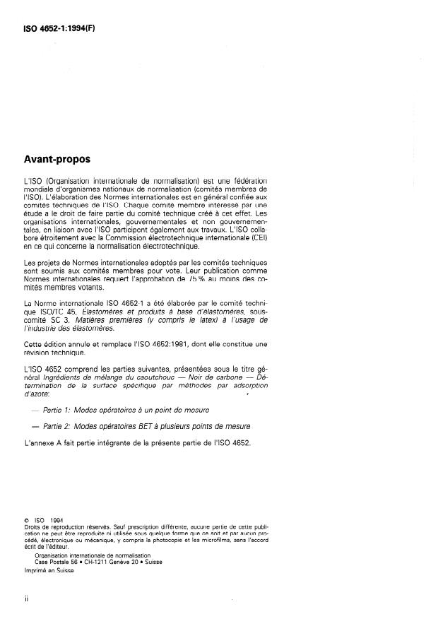 ISO 4652-1:1994 ISO 4652-1:1994 - Ingrédients de mélange du caoutchouc -- Noir de carbone -- Détermination de la surface spécifique par méthodes par adsorption d'azote - Page 2 preview