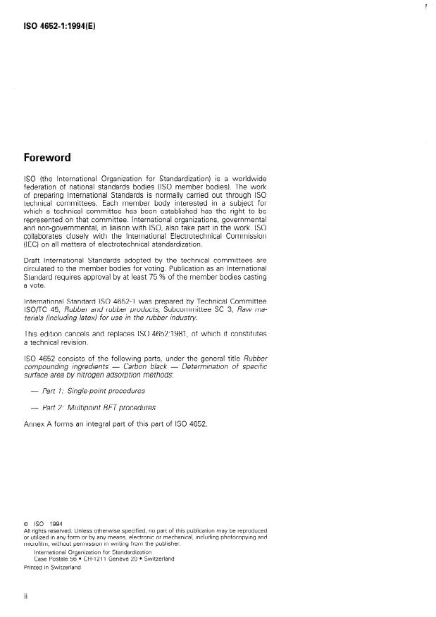 ISO 4652-1:1994 ISO 4652-1:1994 - Rubber compounding ingredients -- Carbon black -- Determination of specific surface area by nitrogen adsorption methods - Page 2 preview