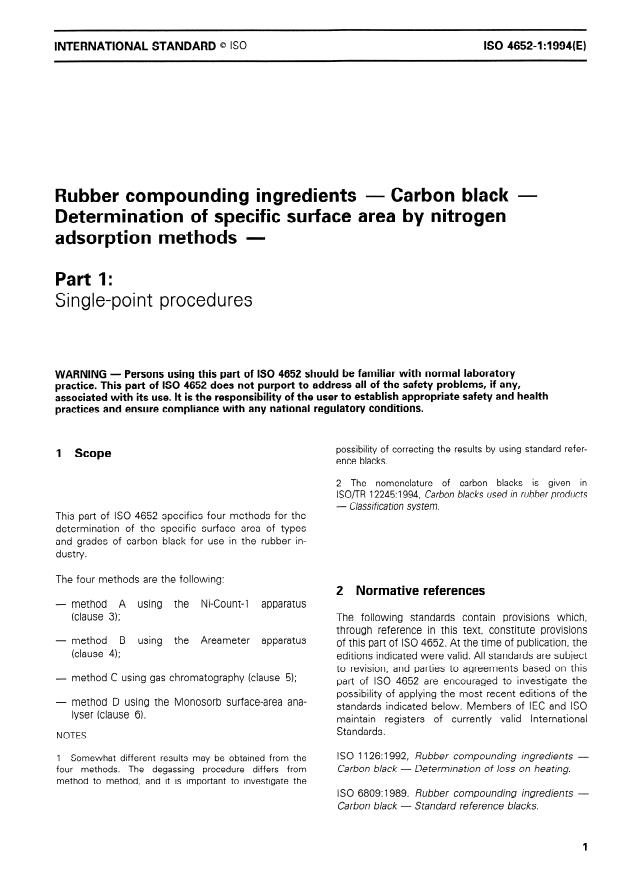 ISO 4652-1:1994 - Rubber compounding ingredients -- Carbon black -- Determination of specific surface area by nitrogen adsorption methods