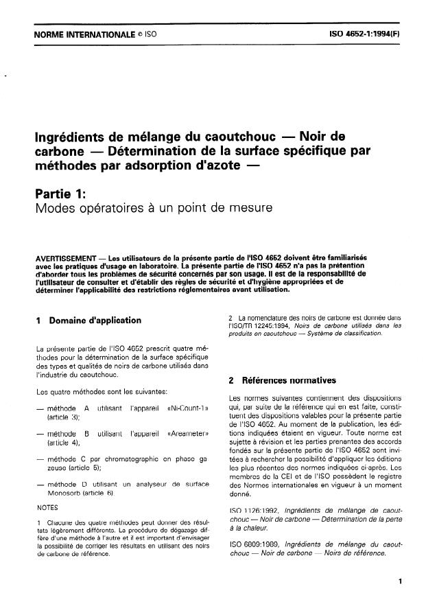 ISO 4652-1:1994 - Ingrédients de mélange du caoutchouc -- Noir de carbone -- Détermination de la surface spécifique par méthodes par adsorption d'azote