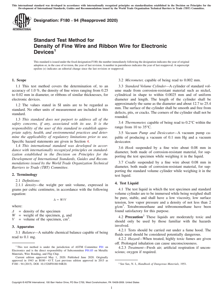 ASTM F180-94(2020) - Standard Test Method for  Density of Fine Wire and Ribbon Wire for Electronic Devices