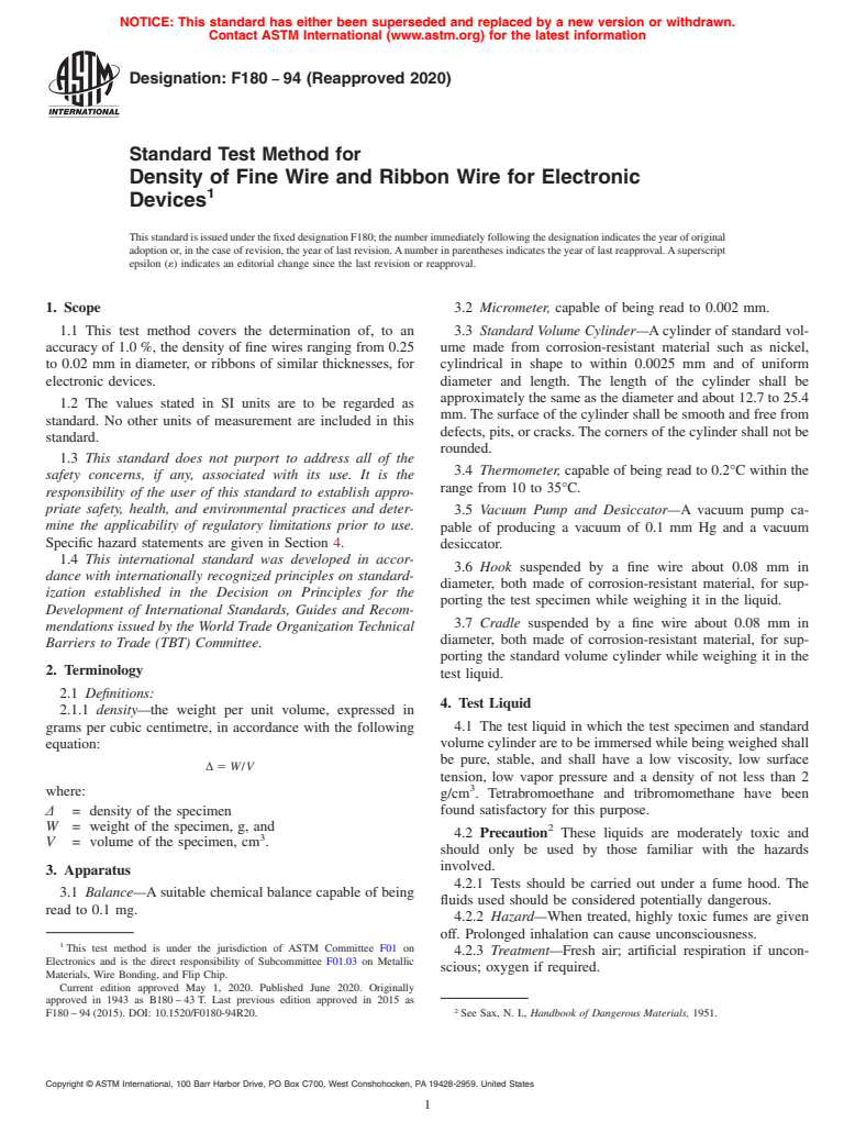 ASTM F180-94(2020) - Standard Test Method for  Density of Fine Wire and Ribbon Wire for Electronic Devices (Withdrawn 2023)