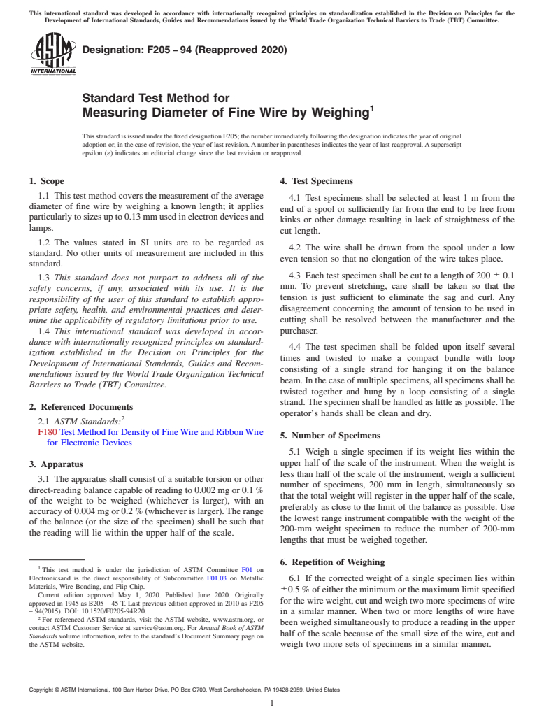 ASTM F205-94(2020) - Standard Test Method for  Measuring Diameter of Fine Wire by Weighing