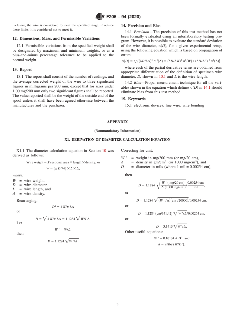 ASTM F205-94(2020) - Standard Test Method for  Measuring Diameter of Fine Wire by Weighing