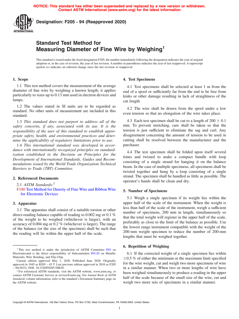 ASTM F205-94(2020) - Standard Test Method for  Measuring Diameter of Fine Wire by Weighing (Withdrawn 2023)