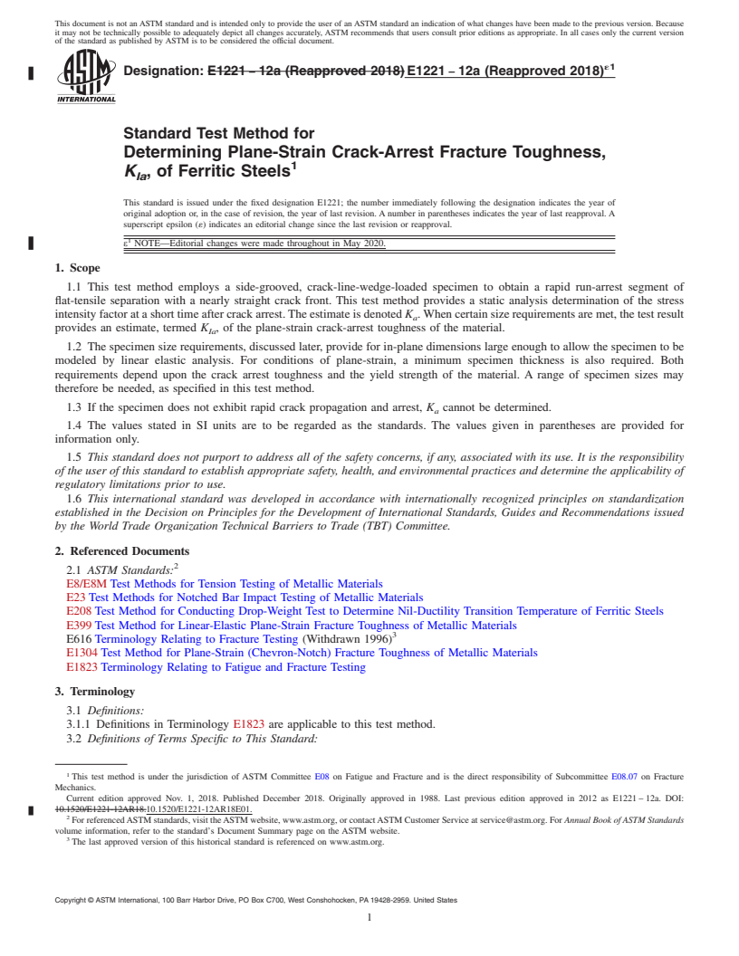 REDLINE ASTM E1221-12A(2018)e1 - Standard Test Method for  Determining Plane-Strain Crack-Arrest Fracture Toughness, <emph  type="bdit">K<inf>Ia</inf></emph>, of Ferritic Steels