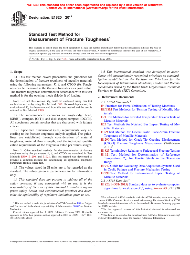ASTM E1820-20e1 - Standard Test Method for  Measurement of Fracture Toughness