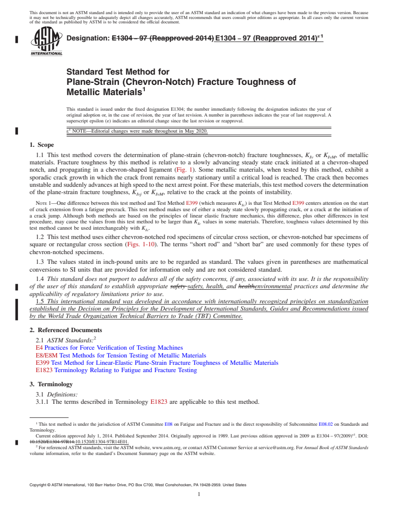 REDLINE ASTM E1304-97(2014)e1 - Standard Test Method for  Plane-Strain (Chevron-Notch) Fracture Toughness of Metallic  Materials