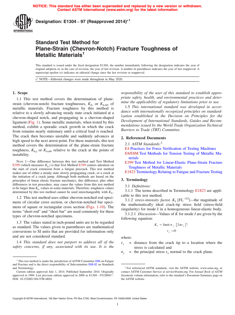 ASTM E1304-97(2014)e1 - Standard Test Method for  Plane-Strain (Chevron-Notch) Fracture Toughness of Metallic  Materials