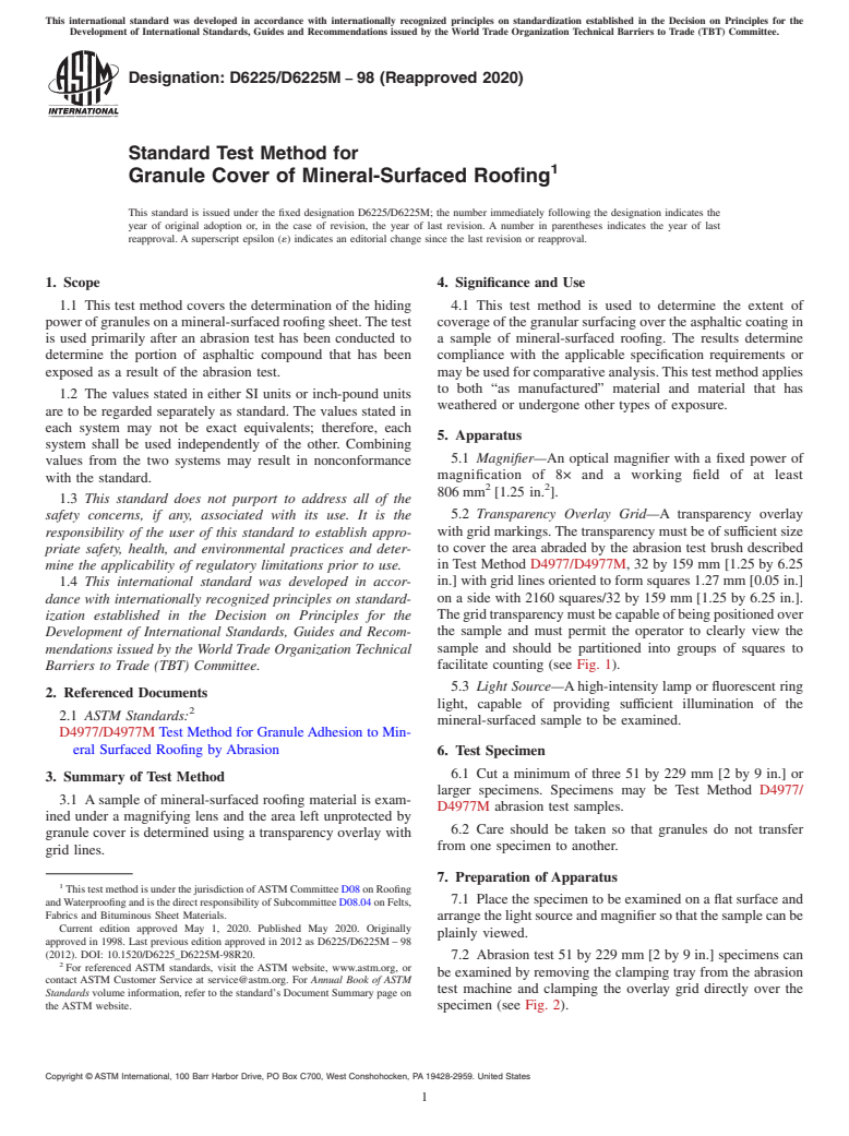 ASTM D6225/D6225M-98(2020) - Standard Test Method for Granule Cover of Mineral-Surfaced Roofing