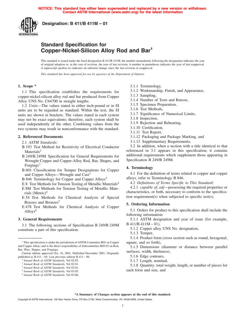 ASTM B411/B411M-01 - Standard Specification for Copper-Nickel-Silicon Alloy Rod and Bar