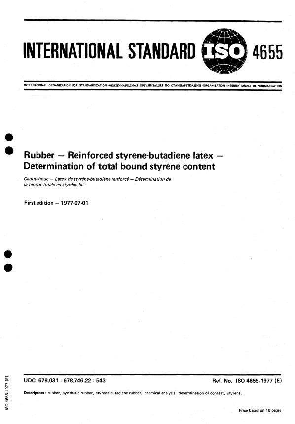 ISO 4655:1977 - Rubber -- Reinforced styrene-butadiene latex -- Determination of total bound styrene content