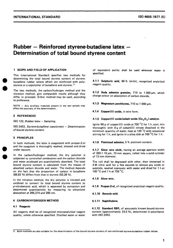 ISO 4655:1977 - Rubber -- Reinforced styrene-butadiene latex -- Determination of total bound styrene content