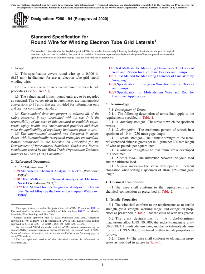 ASTM F290-94(2020) - Standard Specification for  Round Wire for Winding Electron Tube Grid Laterals