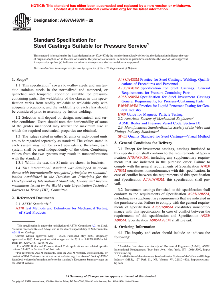 ASTM A487/A487M-20 - Standard Specification for Steel Castings Suitable for Pressure Service