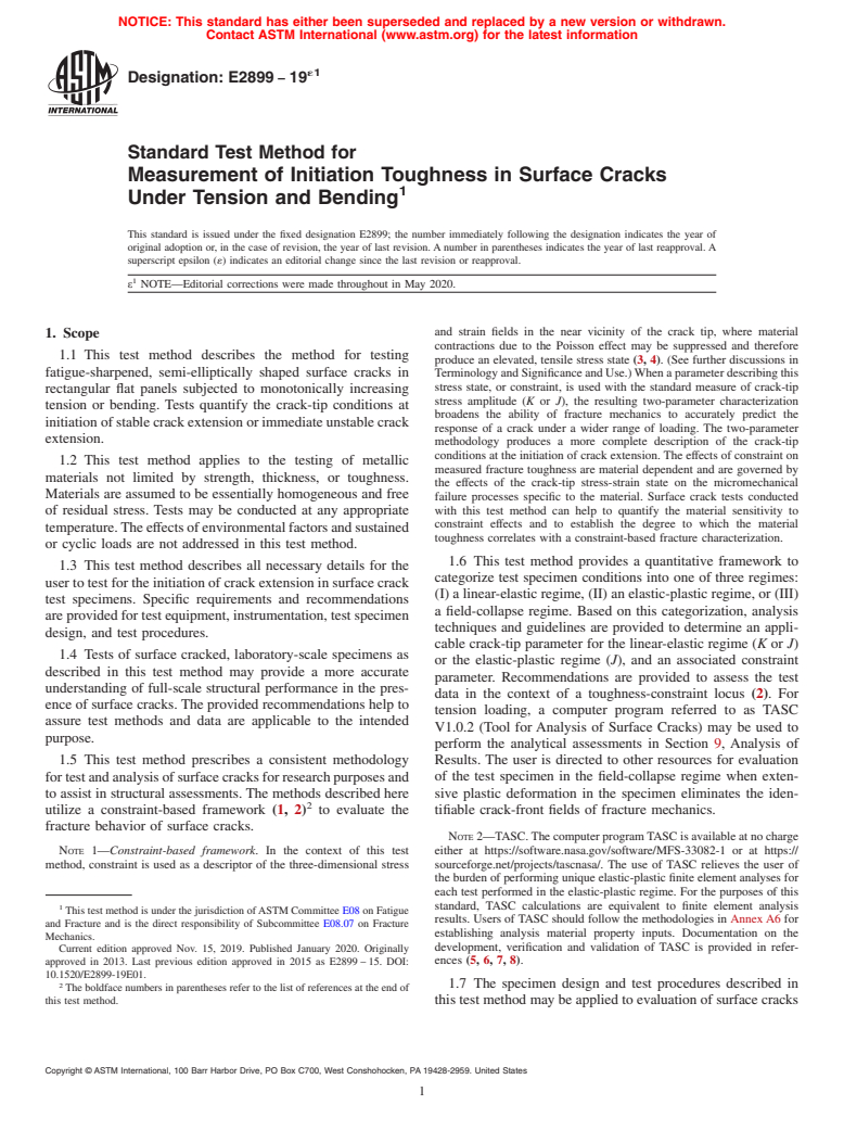 ASTM E2899-19e1 - Standard Test Method for Measurement of Initiation Toughness in Surface Cracks Under  Tension and Bending