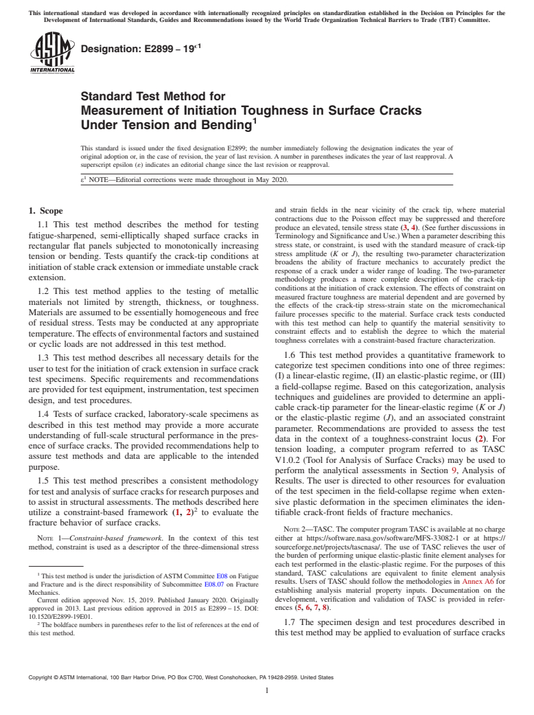 ASTM E2899-19e1 - Standard Test Method for Measurement of Initiation Toughness in Surface Cracks Under  Tension and Bending