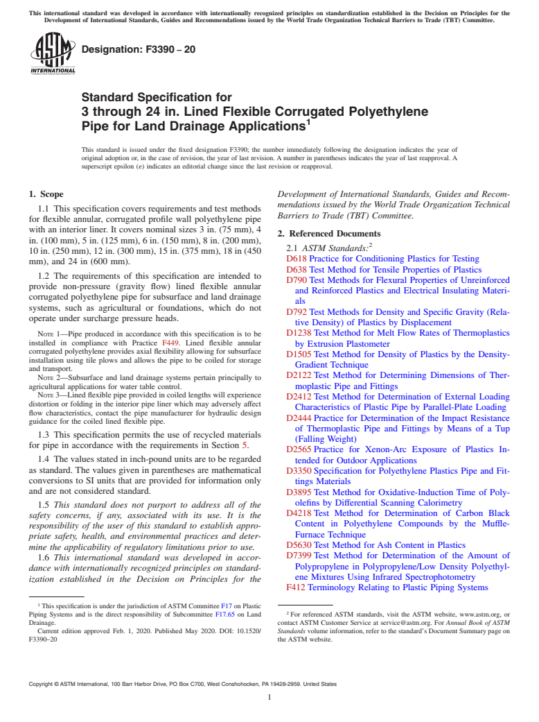 ASTM F3390-20 - Standard Specification for 3 through 24 in. Lined Flexible Corrugated Polyethylene Pipe  for Land Drainage Applications