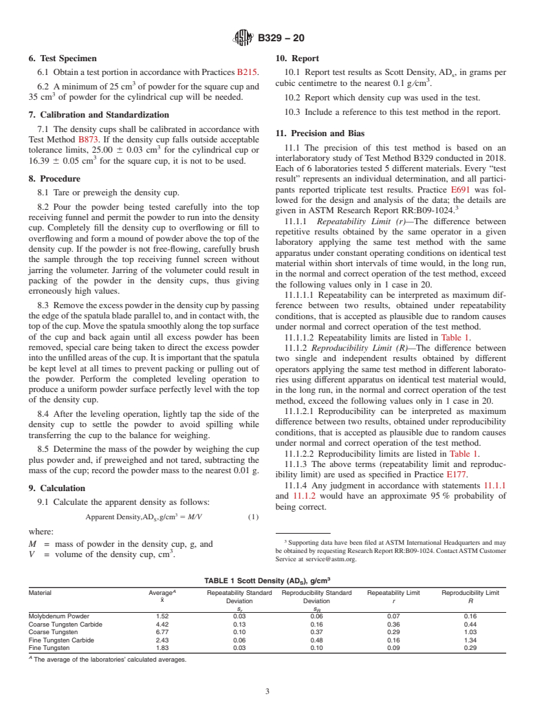 ASTM B329-20 - Standard Test Method for  Apparent Density of Metal Powders and Compounds Using the Scott  Volumeter