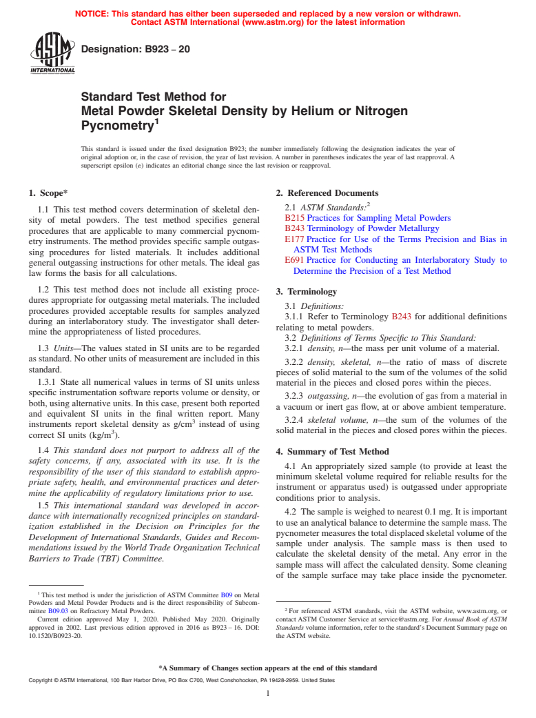 ASTM B923-20 - Standard Test Method for  Metal Powder Skeletal Density by Helium or Nitrogen Pycnometry