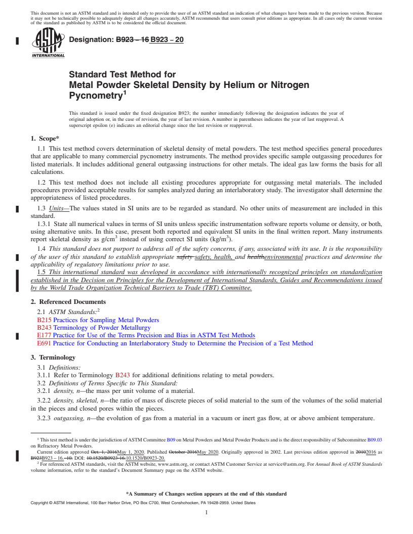 REDLINE ASTM B923-20 - Standard Test Method for  Metal Powder Skeletal Density by Helium or Nitrogen Pycnometry