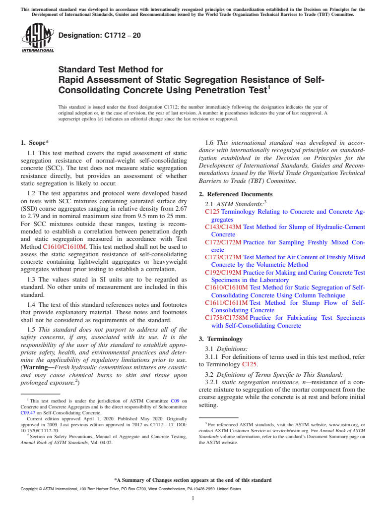 ASTM C1712-20 - Standard Test Method for Rapid Assessment of Static Segregation Resistance of Self-Consolidating  Concrete Using Penetration Test