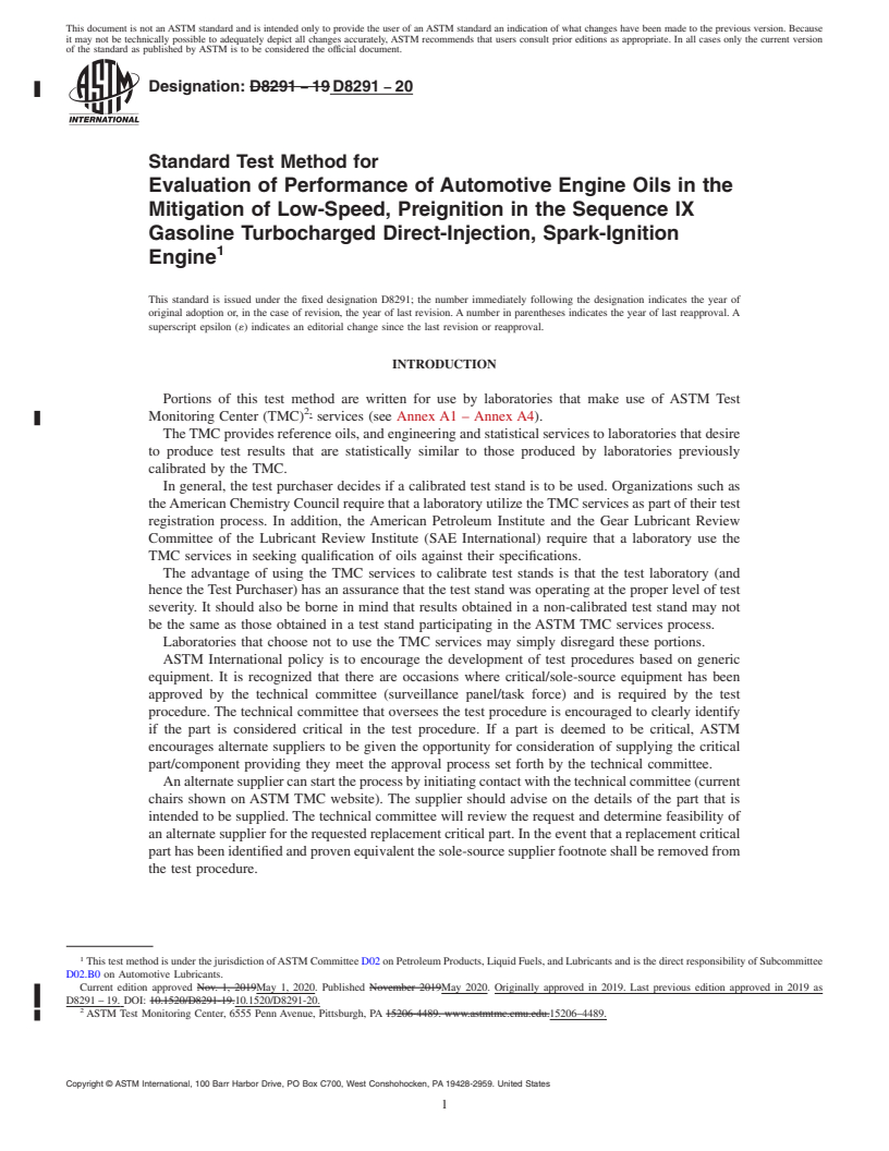 REDLINE ASTM D8291-20 - Standard Test Method for Evaluation of Performance of Automotive Engine Oils in the  Mitigation of Low-Speed, Preignition in the Sequence IX Gasoline Turbocharged  Direct-Injection, Spark-Ignition Engine