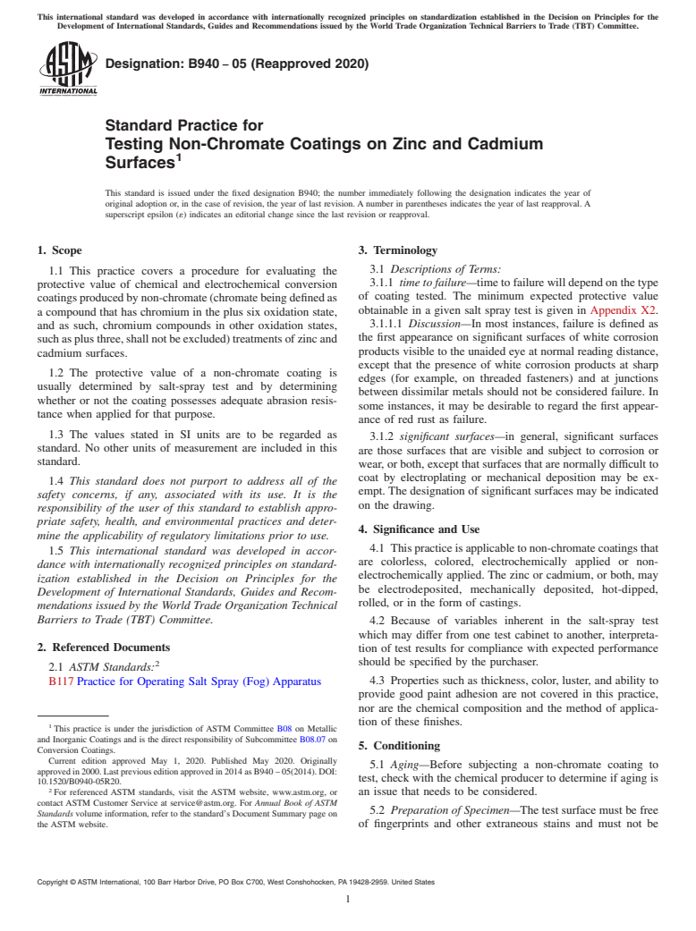 ASTM B940-05(2020) - Standard Practice for  Testing Non-Chromate Coatings on Zinc and Cadmium Surfaces