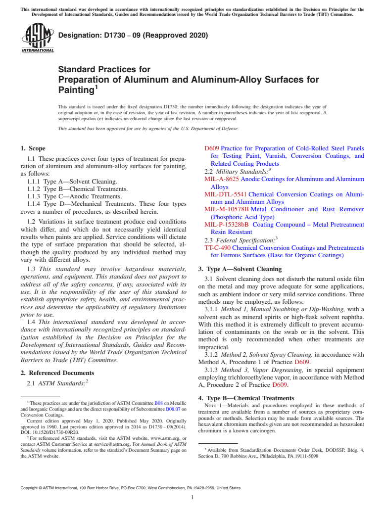 ASTM D1730-09(2020) - Standard Practices for  Preparation of Aluminum and Aluminum-Alloy Surfaces for Painting