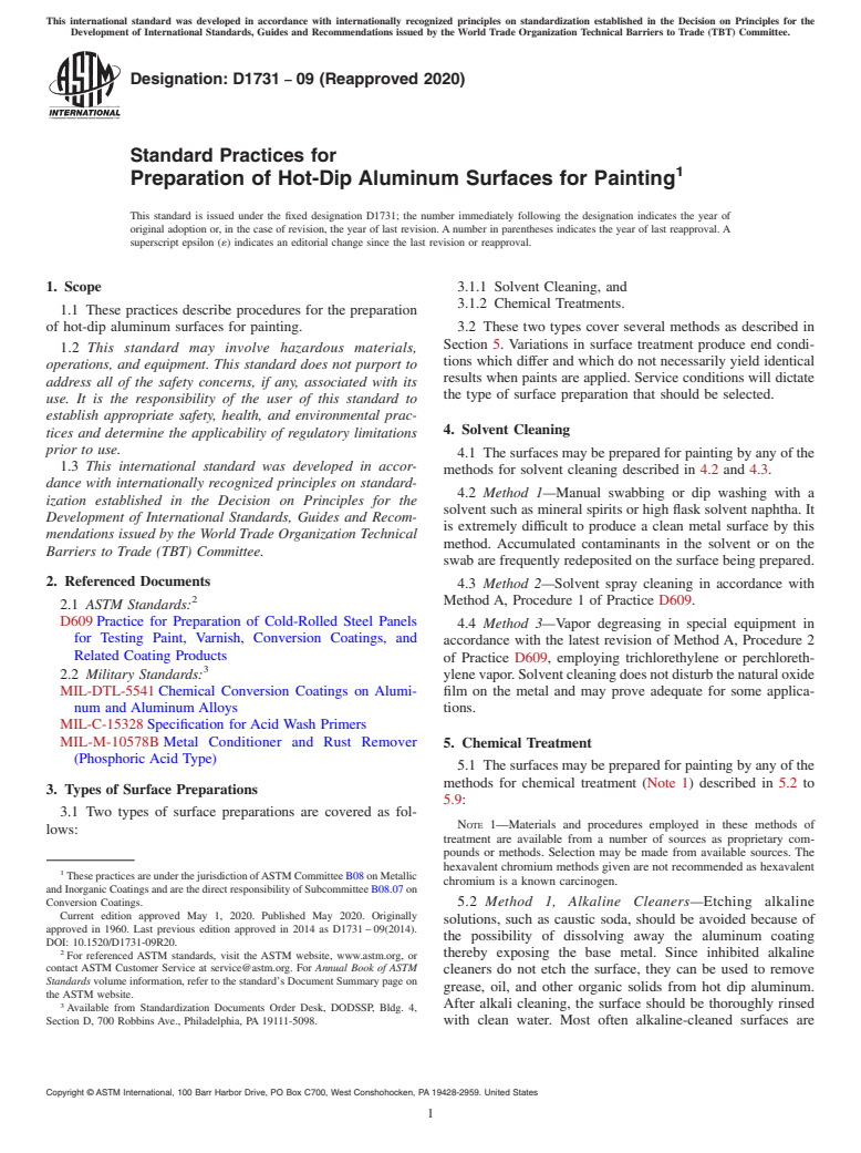 ASTM D1731-09(2020) - Standard Practices for  Preparation of Hot-Dip Aluminum Surfaces for Painting