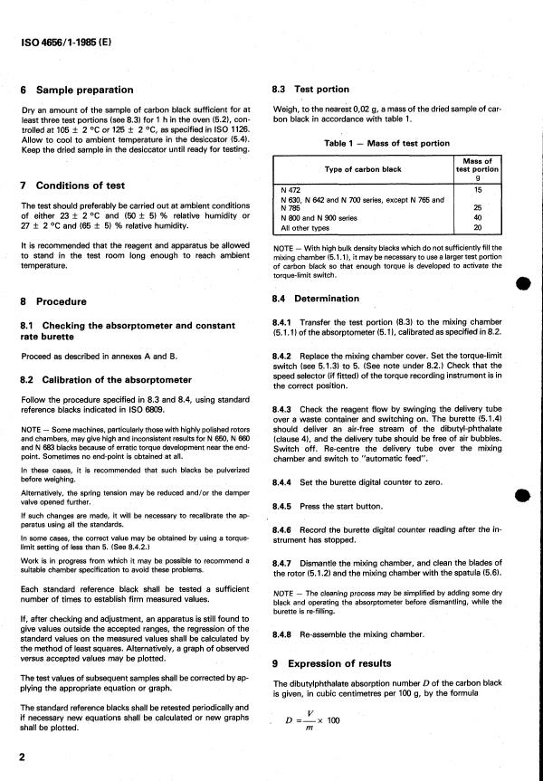 ISO 4656-1:1985 ISO 4656-1:1985 - Rubber compounding ingredients -- Carbon black -- Determination of dibutyl phthalate absorption number - Page 4 preview