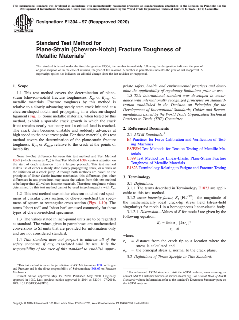 ASTM E1304-97(2020) - Standard Test Method for  Plane-Strain (Chevron-Notch) Fracture Toughness of Metallic  Materials