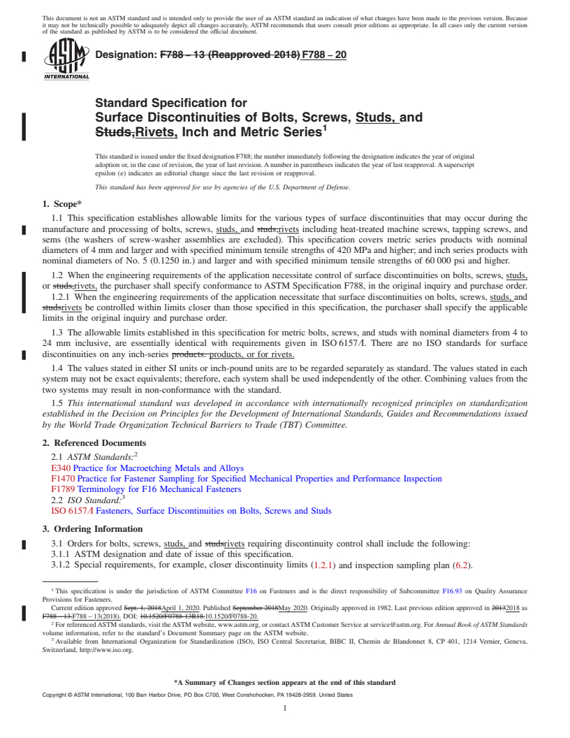 REDLINE ASTM F788-20 - Standard Specification for  Surface Discontinuities of Bolts, Screws, Studs, and Rivets,  Inch and Metric Series