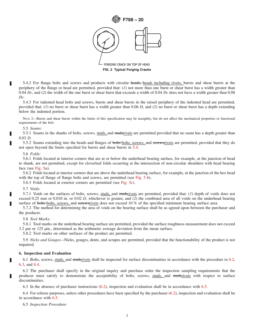 REDLINE ASTM F788-20 - Standard Specification for  Surface Discontinuities of Bolts, Screws, Studs, and Rivets,  Inch and Metric Series